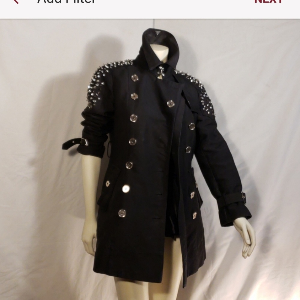 Sam Edelman Circus Spikes Stud Diamonds Gold Button Animal Print Black Jacket SM - Picture 2 of 11